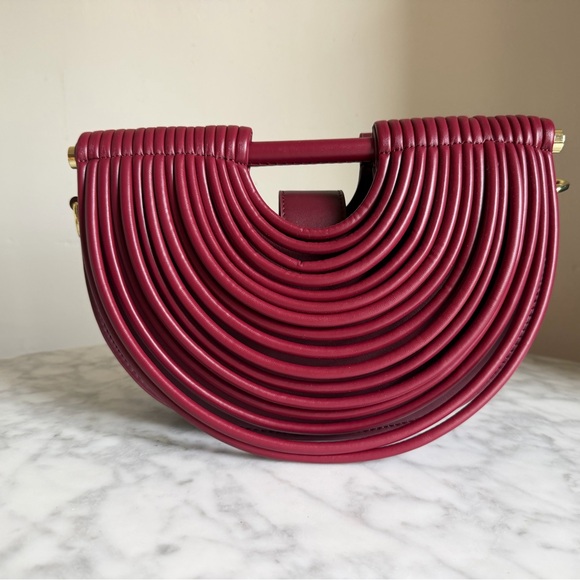 Handbags - Ribbed Half-Moon Shoulder Bag in Burgundy with Crossbody Strap